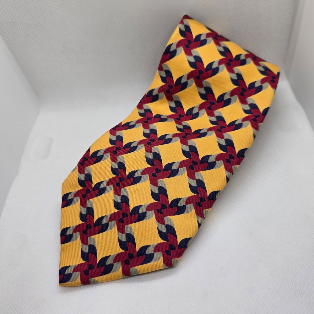 Vintage Paul Fredrick Yellow‎ Silk Tie Geometric Pattern Hand Sewn  Made in USA